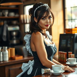 A stunning 19-year-old Australian maid in a sexy maid outfit, perfectly designed to highlight her curves