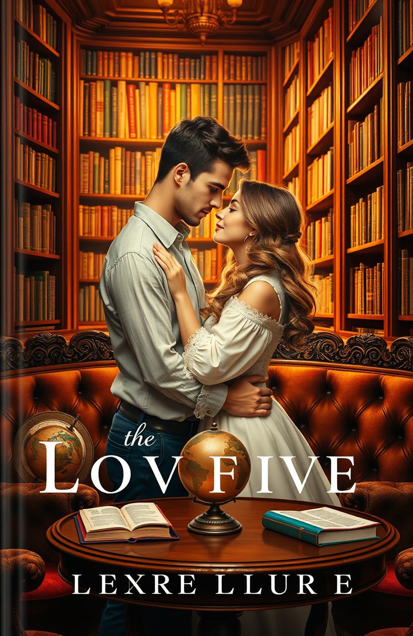 A romantic book cover featuring a loving couple embraced in a cozy library