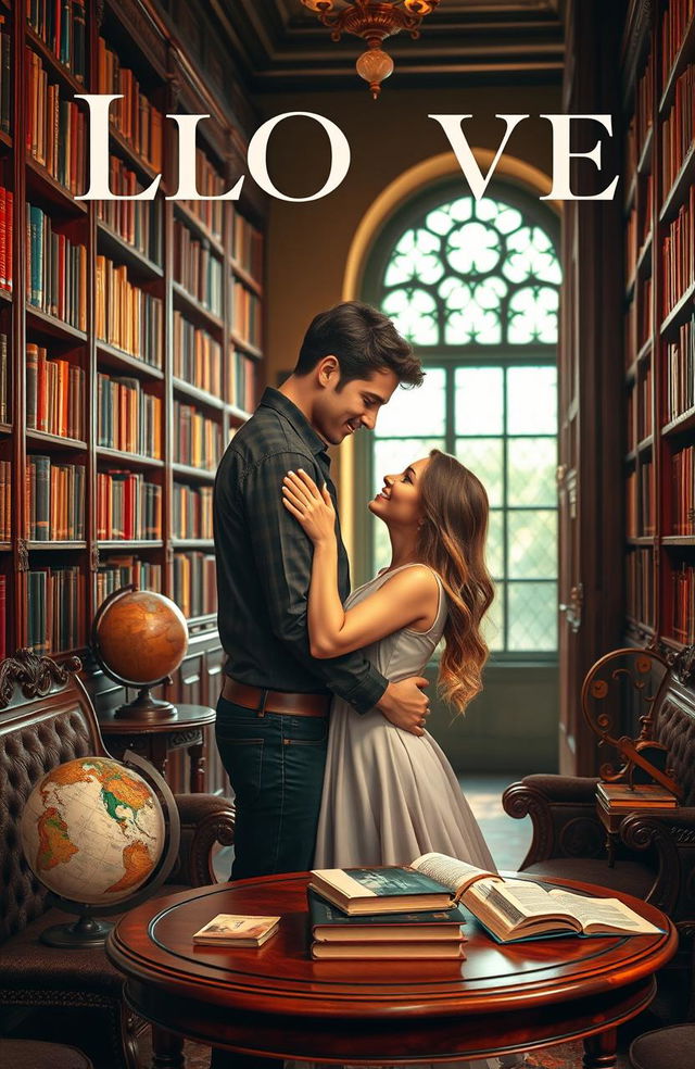 A romantic book cover featuring a loving couple embraced in a cozy library