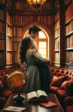 A romantic book cover featuring a loving couple embraced in a cozy library