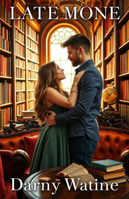A romantic book cover featuring a loving couple embraced in a cozy library
