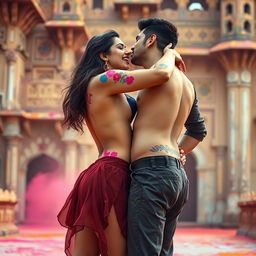 A sensual scene featuring Nushrat Bharucha as a college girl at a stunning Rajasthani fort during the festival of Holi, engaged in an intimate lap dance with her classmate