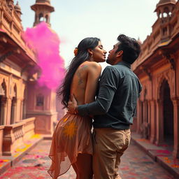 A sensual scene featuring Nushrat Bharucha as a college girl at a stunning Rajasthani fort during the festival of Holi, engaged in an intimate lap dance with her classmate