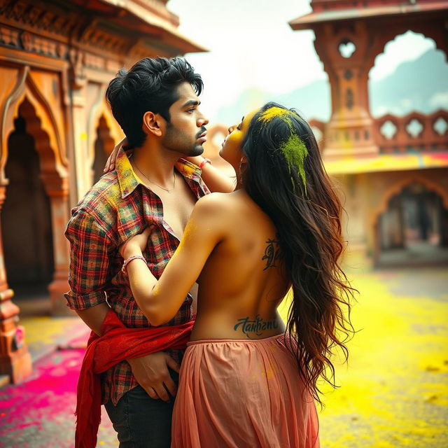 A sensual scene featuring Nushrat Bharucha as a college girl at a stunning Rajasthani fort during the festival of Holi, engaged in an intimate lap dance with her classmate