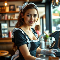 A striking 19-year-old Australian maid in a sexy maid outfit, designed to emphasize her fit and toned body