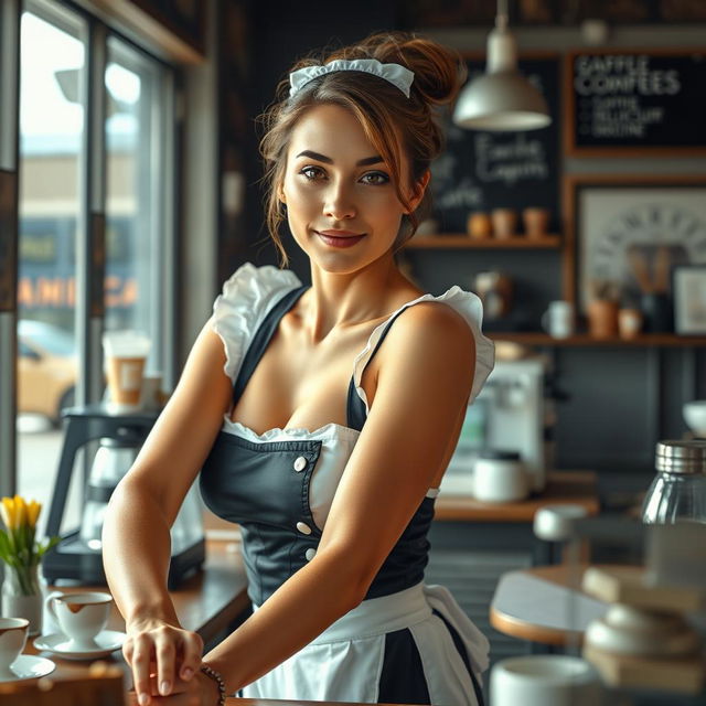 A striking 19-year-old Australian maid in a sexy maid outfit, designed to emphasize her fit and toned body