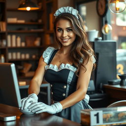 A seductive 19-year-old Australian maid wearing a sexy maid outfit that accentuates her athletic and fit physique
