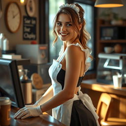 A seductive 19-year-old Australian maid wearing a sexy maid outfit that accentuates her athletic and fit physique