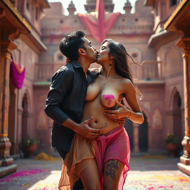 A sensual scene featuring Nushrat Bharucha as a college girl at a stunning Rajasthani fort during the vibrant festival of Holi, dressed in a low waist chiffon short skirt