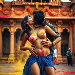 A sensual scene featuring Nushrat Bharucha as a college girl at a stunning Rajasthani fort during the vibrant festival of Holi, dressed in a low waist chiffon short skirt
