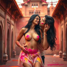 A sensual scene featuring Nushrat Bharucha as a college girl at a stunning Rajasthani fort during the vibrant festival of Holi, dressed in a low waist chiffon short skirt