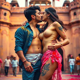 A sensual scene featuring Nushrat Bharucha as a college girl at a stunning Rajasthani fort during the vibrant festival of Holi, dressed in a low waist chiffon short skirt