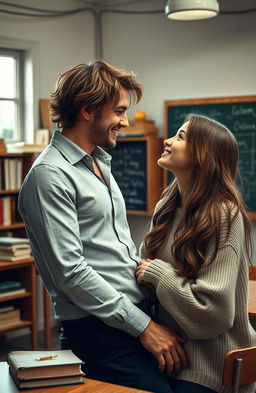A romantic scene depicting a male teacher and a female student inside an intimate classroom setting