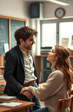 A romantic scene depicting a male teacher and a female student inside an intimate classroom setting