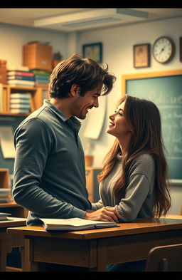 A romantic scene depicting a male teacher and a female student inside an intimate classroom setting