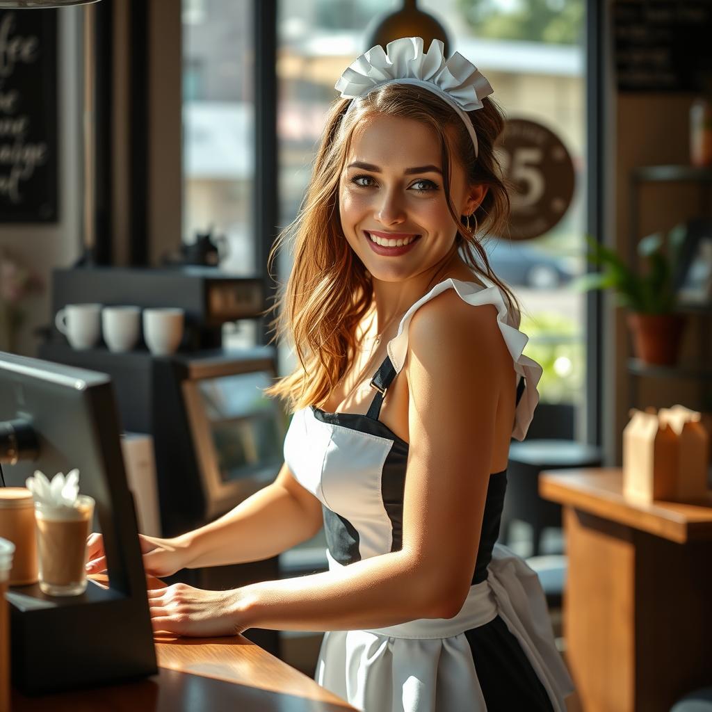 A captivating 19-year-old Australian maid wearing a sexy maid outfit that accentuates her fit, toned body