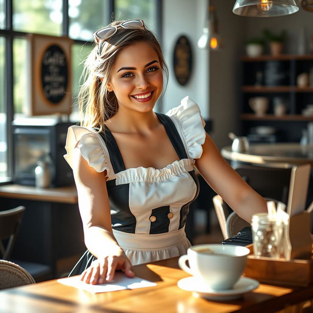 A captivating 19-year-old Australian maid wearing a sexy maid outfit that accentuates her fit, toned body