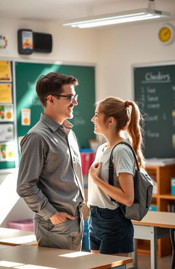 A romantic scene in a classroom featuring a male teacher and a female student