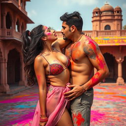 A sensual scene featuring Nushrat Bharucha as a college girl at a stunning Rajasthani fort during the vibrant festival of Holi, performing an intimate lap dance for her classmate