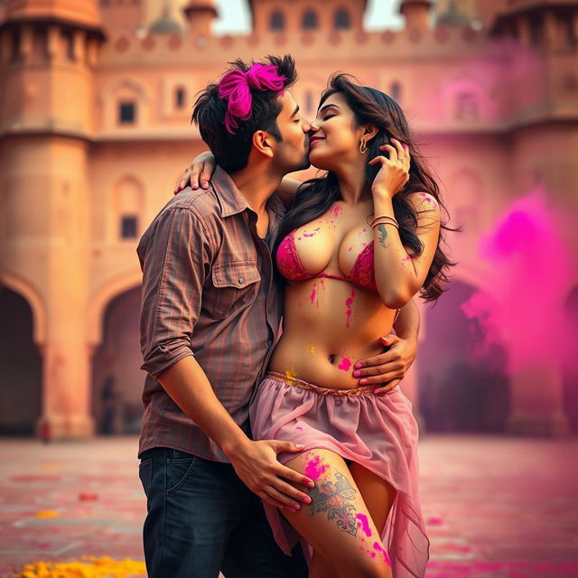 A sensual scene featuring Nushrat Bharucha as a college girl at a stunning Rajasthani fort during the vibrant festival of Holi, performing an intimate lap dance for her classmate