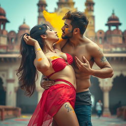 A sensual scene featuring Nushrat Bharucha as a college girl at a stunning Rajasthani fort during the vibrant festival of Holi, performing an intimate lap dance for her classmate