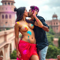 A sensual scene featuring Nushrat Bharucha as a college girl at a stunning Rajasthani fort during the vibrant festival of Holi, performing an intimate lap dance for her classmate