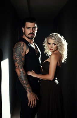 A tall, white man with black hair and a goatee stands confidently in a dark hallway