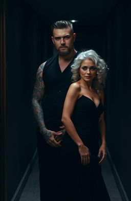 A tall, white man with black hair and a goatee stands confidently in a dark hallway