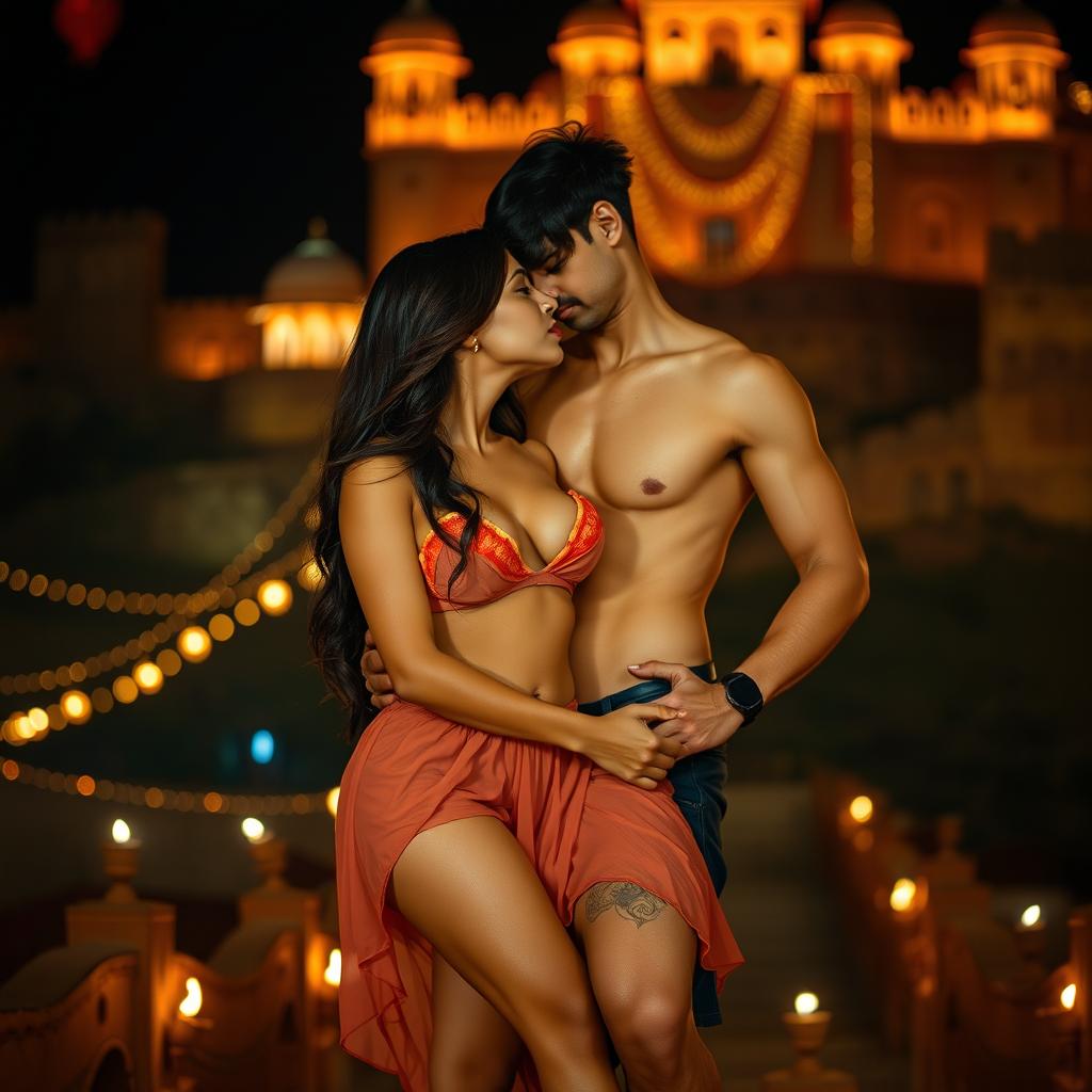 A sensual scene depicting Nushrat Bharucha as a college girl at a magnificent Rajasthani fort during the captivating festival of Diwali