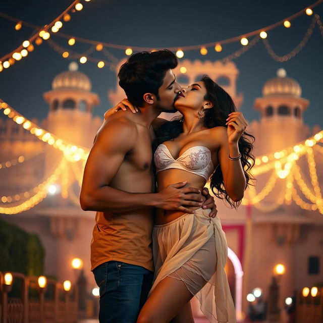 A sensual scene depicting Nushrat Bharucha as a college girl at a magnificent Rajasthani fort during the captivating festival of Diwali