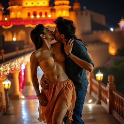 A sensual scene depicting Nushrat Bharucha as a college girl at a magnificent Rajasthani fort during the captivating festival of Diwali