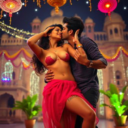 A sensual scene depicting Nushrat Bharucha as a college girl at a beautiful Rajasthani fort during the vibrant festival of Diwali