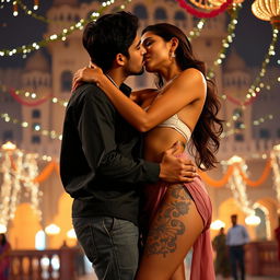 A sensual scene depicting Nushrat Bharucha as a college girl at a beautiful Rajasthani fort during the vibrant festival of Diwali