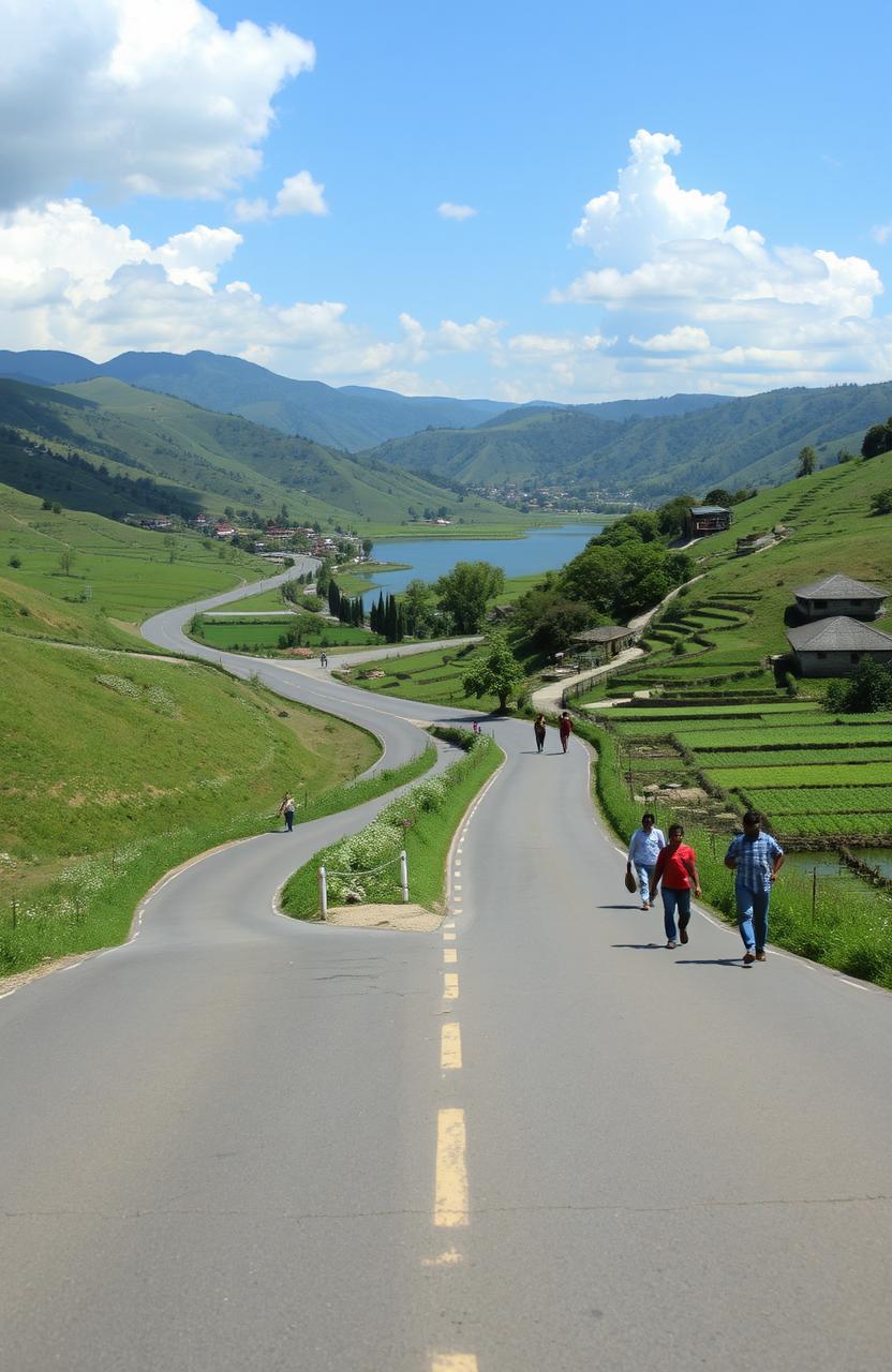 A picturesque journey from Bhatpar to Devbhumi, depicting lush green landscapes, winding roads, and traditional villages along the way