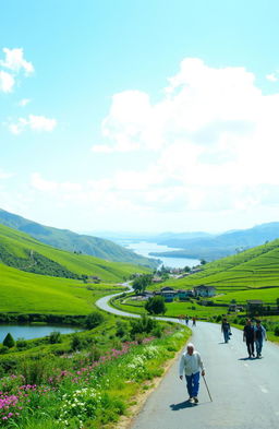 A picturesque journey from Bhatpar to Devbhumi, depicting lush green landscapes, winding roads, and traditional villages along the way