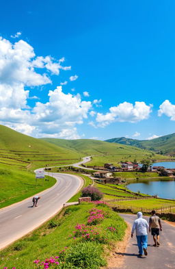 A picturesque journey from Bhatpar to Devbhumi, depicting lush green landscapes, winding roads, and traditional villages along the way