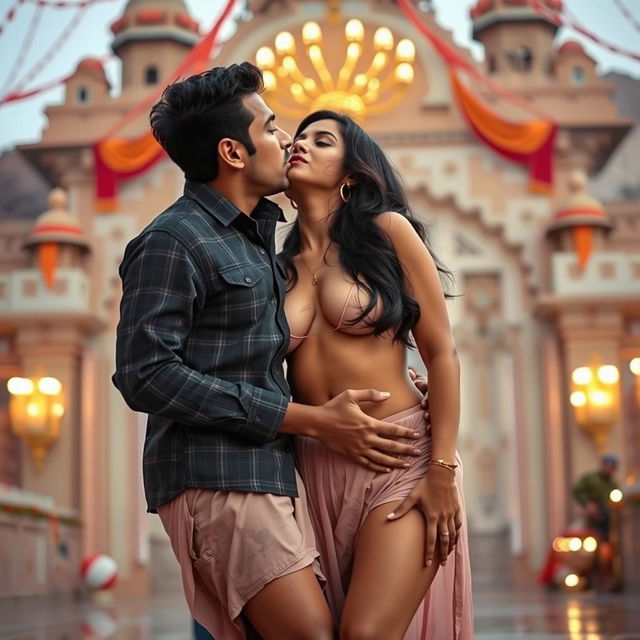 A sensual scene featuring Nushrat Bharucha as a college girl at a stunning Rajasthani fort during the festive celebration of Eid, engaging in an intimate lap dance for her classmate