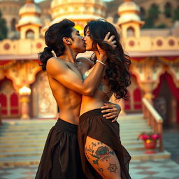 A sensual scene featuring Nushrat Bharucha as a college girl at a stunning Rajasthani fort during the festive celebration of Eid, engaging in an intimate lap dance for her classmate