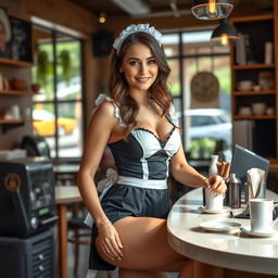 A stunning 19-year-old Australian maid dressed in a sexy maid outfit that highlights her fitness, busty figure, and long legs