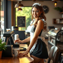 A stunning 19-year-old Australian maid dressed in a sexy maid outfit that highlights her fitness, busty figure, and long legs