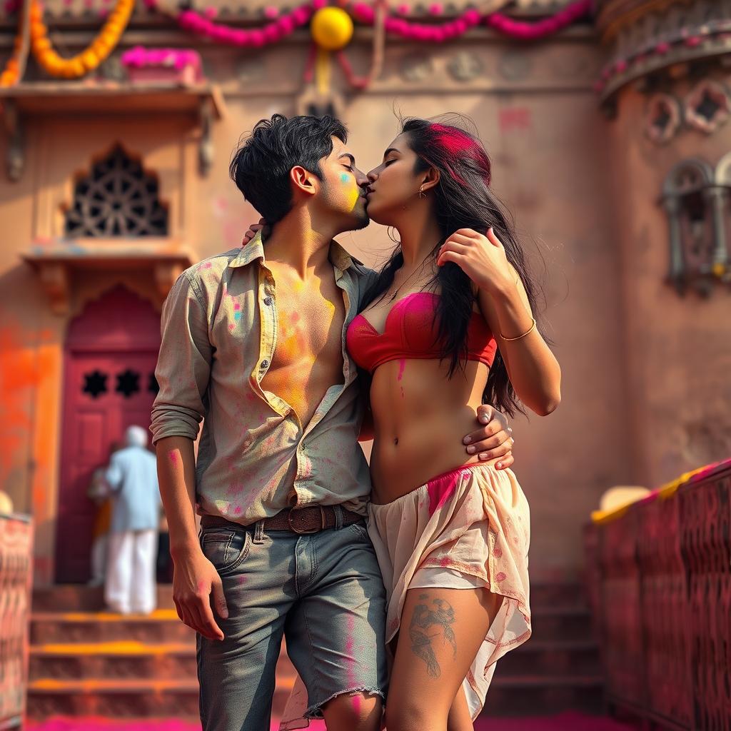 A sensual scene capturing Nushrat Bharucha as a college girl at a vibrant Rajasthani fort during the lively festival of Holi