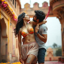 A sensual scene capturing Nushrat Bharucha as a college girl at a vibrant Rajasthani fort during the lively festival of Holi