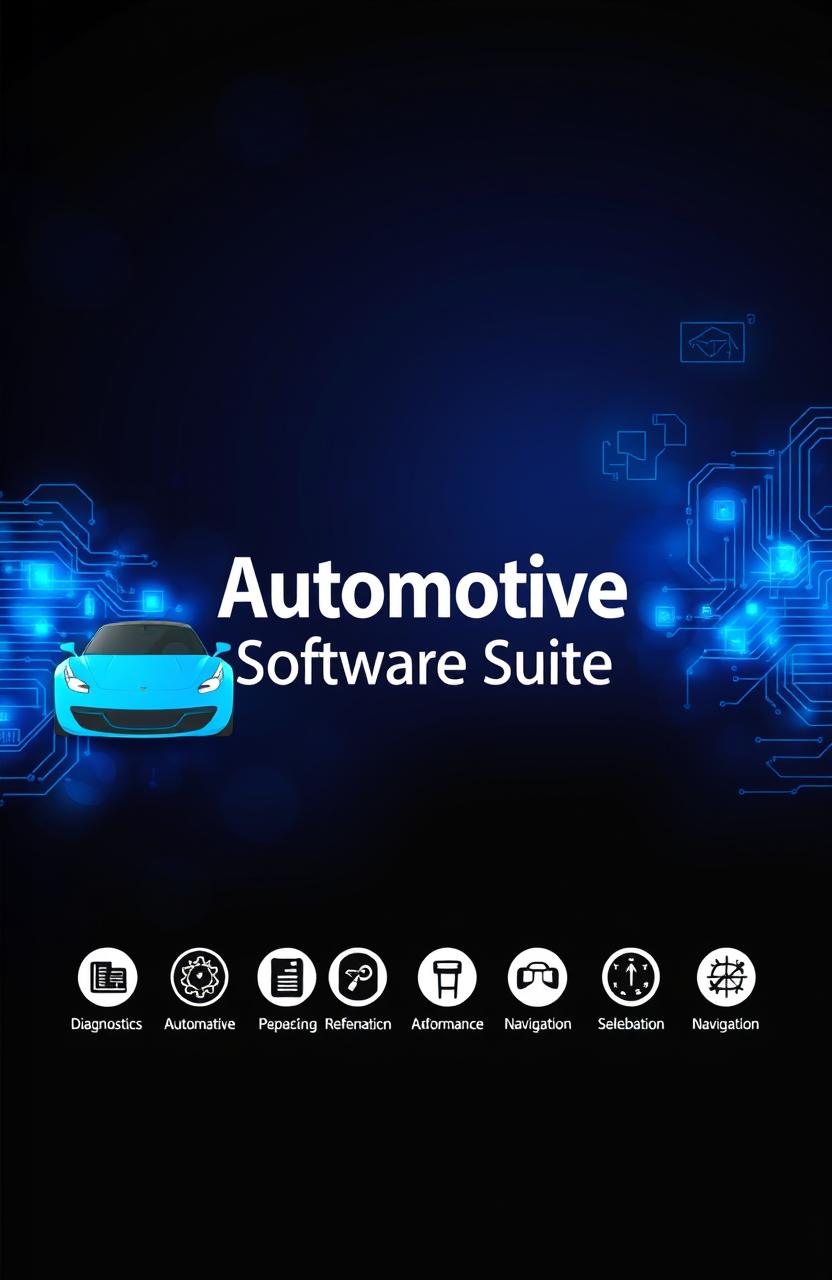 A vibrant and professional cover design for automotive software, featuring sleek car silhouettes and digital elements such as circuit patterns and graphs