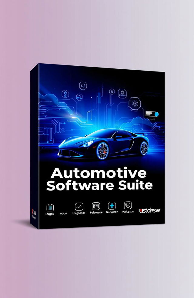 A vibrant and professional cover design for automotive software, featuring sleek car silhouettes and digital elements such as circuit patterns and graphs