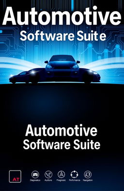 A vibrant and professional cover design for automotive software, featuring sleek car silhouettes and digital elements such as circuit patterns and graphs