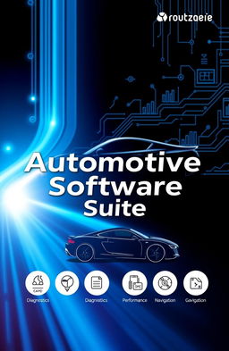 A vibrant and professional cover design for automotive software, featuring sleek car silhouettes and digital elements such as circuit patterns and graphs