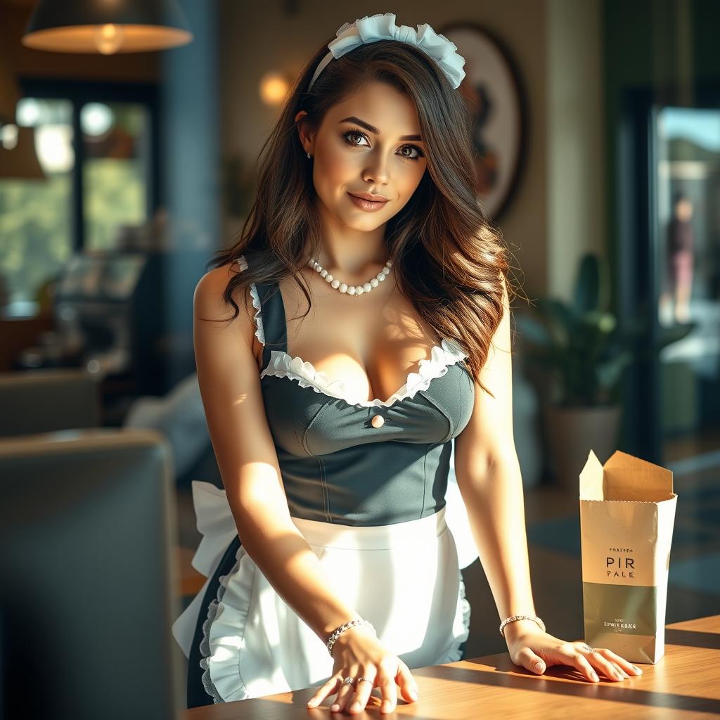 A captivating 19-year-old Australian maid wearing a sexy maid outfit that accentuates her fitness, busty figure, and long legs