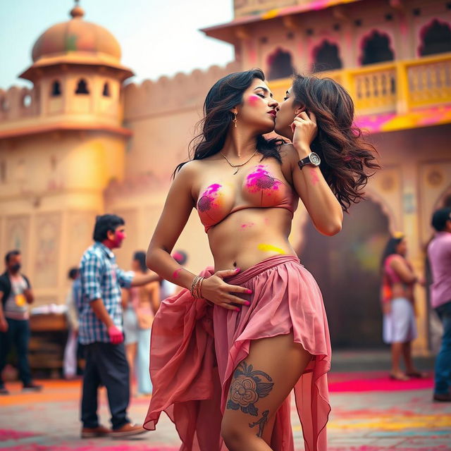 A sensual scene featuring Nushrat Bharucha as a college girl at a vibrant Rajasthani fort during the lively festival of Holi