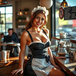 A seductive 19-year-old Australian maid wearing a sexy maid outfit that accentuates her fit, busty figure and long legs