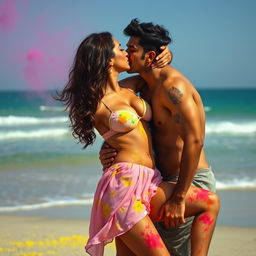 A sensual scene featuring Nushrat Bharucha as a college girl at a beautiful beach during the lively festival of Holi